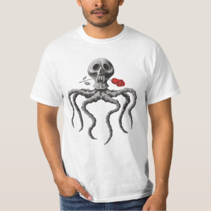 Schwarz-weiße Octopus-Rote Rose T-Shirt