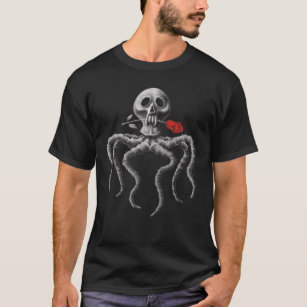 Schwarz-weiße Octopus-Rote Rose T-Shirt
