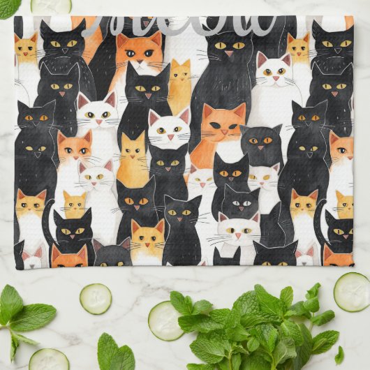 Schwarz-weiße Orangenkatzen Geschirrtuch (Gefaltet)