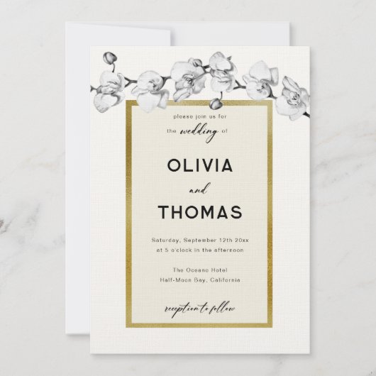 Schwarz-weiße Orchideen-Hochzeit in modernen Rahme Einladung (Vorderseite)