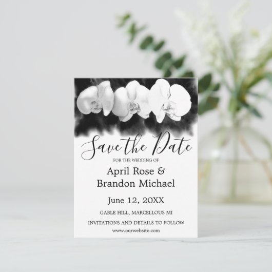 Schwarz-weiße Orchideen Save The Date (Stehend Vorderseite)