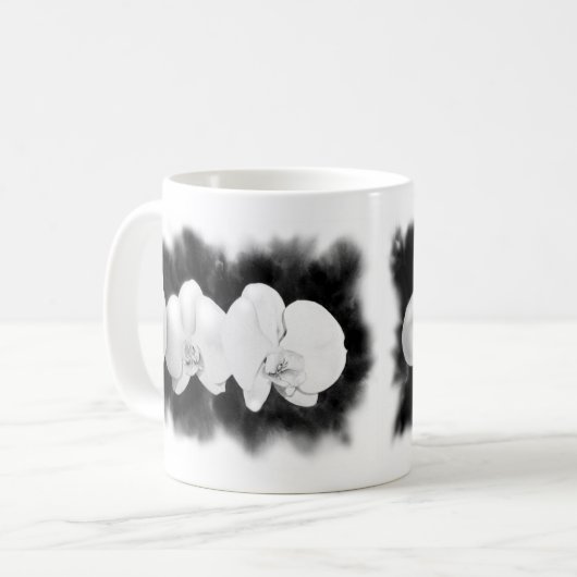 Schwarz-weiße Orchideenmalerei tropisch Kaffeetasse (Vorderseite Links)