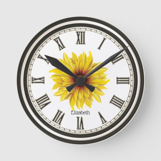 Schwarz-weiße Personalisierte Sonnenblume Runde Wanduhr (Vorderseite)