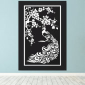 Schwarz-weiße Pfau- und Kirschblüten Leinwanddruck (Insitu (Holzboden))