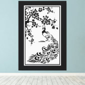 Schwarz-weiße Pfau- und Kirschblüten Leinwanddruck (Insitu (Holzboden))