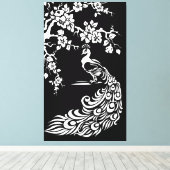 Schwarz-weiße Pfau- und Kirschblüten Leinwanddruck (Insitu (Holzboden))