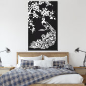 Schwarz-weiße Pfau- und Kirschblüten Leinwanddruck (Insitu (Schlafzimmer))
