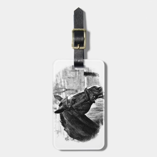 Schwarz-weiße Pferdekizze Gepäckanhänger (Vorderseite vertikal)