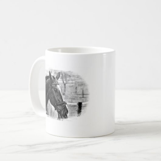 Schwarz-weiße Pferdekizze Kaffeetasse (Vorderseite Links)