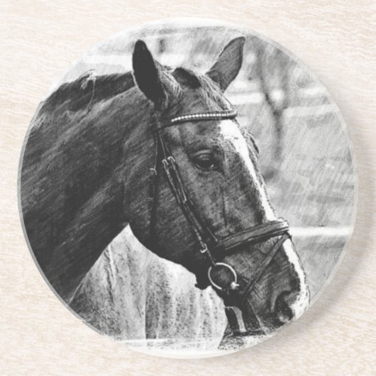 Schwarz-weiße Pferdekizze Sandstein Untersetzer (Vorne)