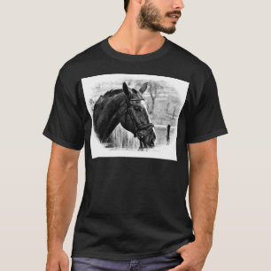 Schwarz-weiße Pferdekizze T-Shirt