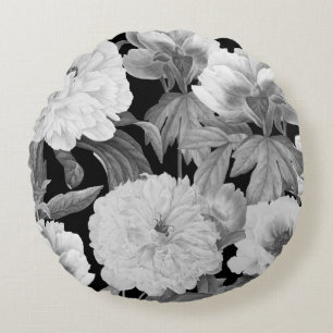 Schwarz-weiße Pfingstrosen Wasserfarbe Floral Rundes Kissen
