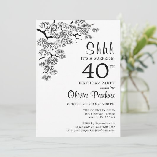 Schwarz-weiße Pine Branch Überraschung 40. Geburts Einladung (Stehend Vorderseite)