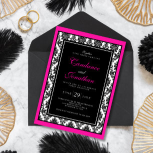 Schwarz-weiße Pink Damask Hochzeit Einladung