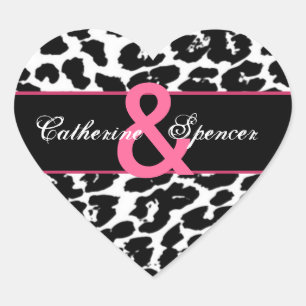 Schwarz-weiße Pink Leopard-Hochzeit Herz-Aufkleber