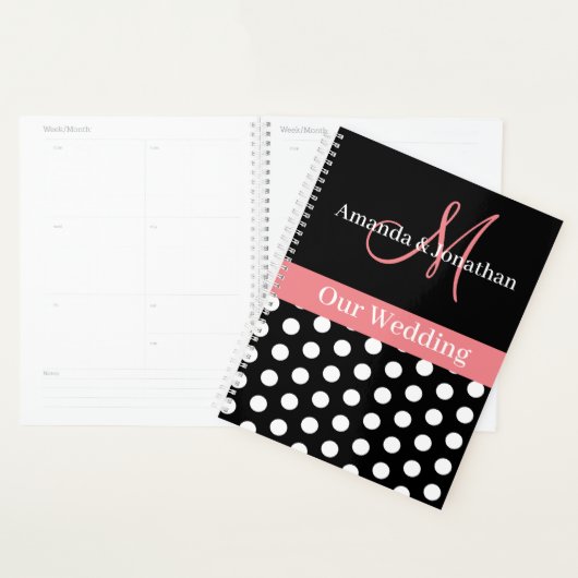 Schwarz-weiße Pink Monogram Script Polka Dot Weddi Planer (Anzeige)