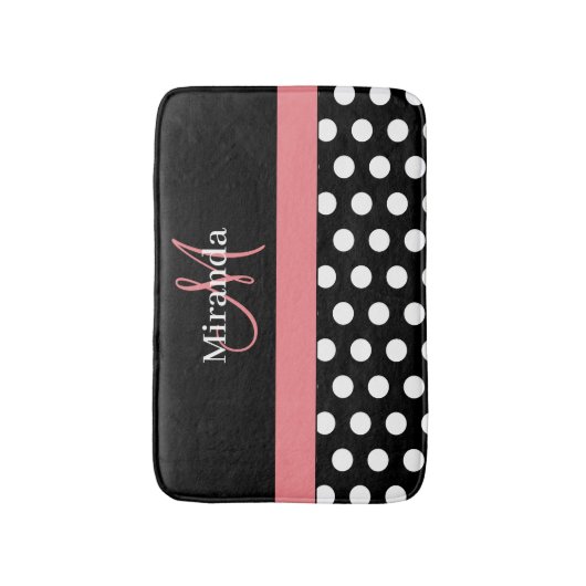 Schwarz-weiße Pink Monogram Script Polka Dots Badematte (Vorderseite Vertikal)