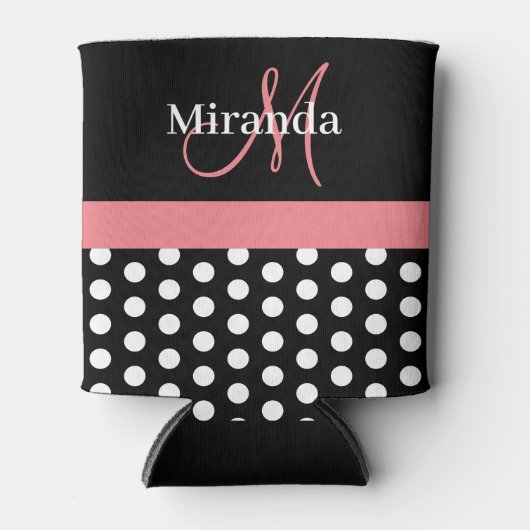 Schwarz-weiße Pink Monogram Script Polka Dots Dosenkühler (Vorderseite)
