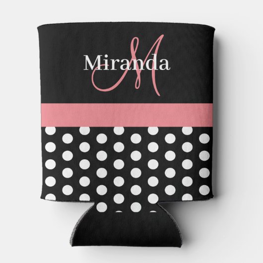 Schwarz-weiße Pink Monogram Script Polka Dots Dosenkühler (Rückseite)