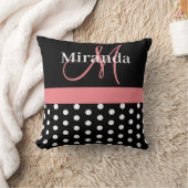 Schwarz-weiße Pink Monogram Script Polka Dots Kissen (Decke)