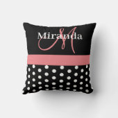 Schwarz-weiße Pink Monogram Script Polka Dots Kissen (Rückseite)
