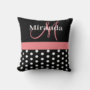 Schwarz-weiße Pink Monogram Script Polka Dots Kissen