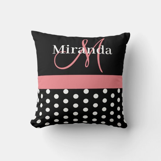 Schwarz-weiße Pink Monogram Script Polka Dots Kissen (Vorderseite)