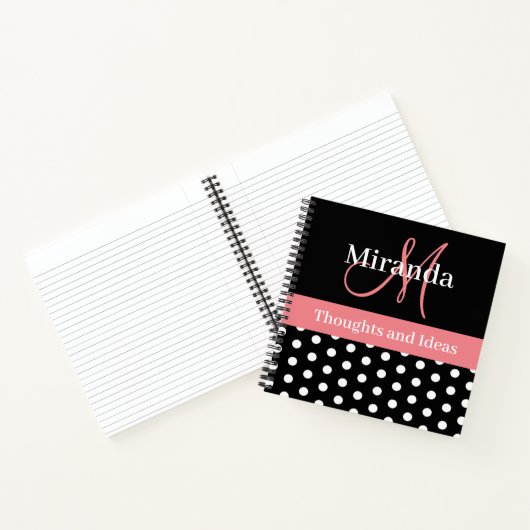 Schwarz-weiße Pink Monogram Script Polka Dots Notizblock (Innenseite)