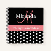 Schwarz-weiße Pink Monogram Script Polka Dots Notizblock (Vorderseite)