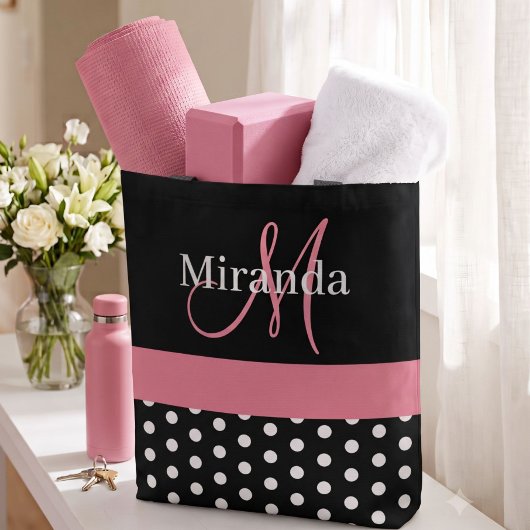 Schwarz-weiße Pink Monogram Script Polka Dots Tasche