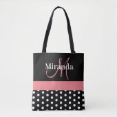 Schwarz-weiße Pink Monogram Script Polka Dots Tasche (Vorderseite)
