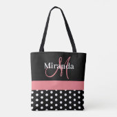 Schwarz-weiße Pink Monogram Script Polka Dots Tasche (Rückseite)