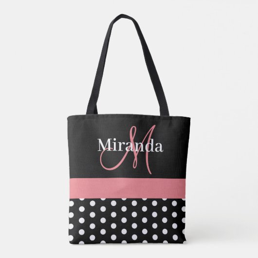 Schwarz-weiße Pink Monogram Script Polka Dots Tasche (Rückseite)