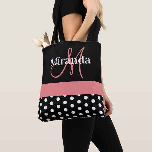 Schwarz-weiße Pink Monogram Script Polka Dots Tasche (Von Nahem)