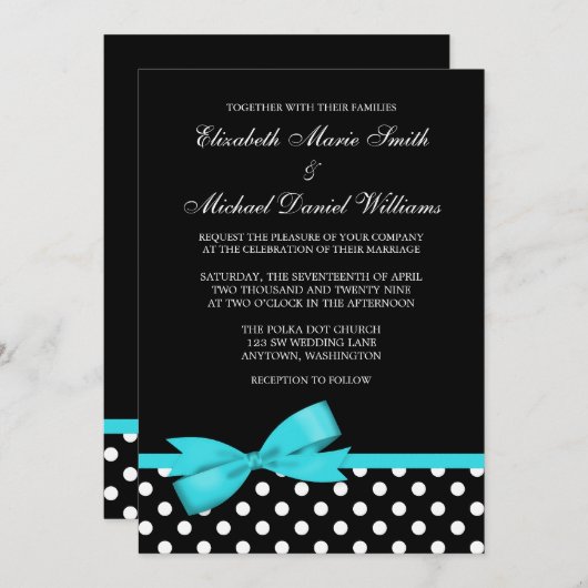 Schwarz-weiße Polka Dot Aquamarinen Imitat Bow Hoc Einladung (Vorne/Hinten)