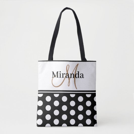 Schwarz-weiße Polka Dots Monogram Script Tasche (Vorderseite)