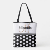 Schwarz-weiße Polka Dots Monogram Script Tasche (Rückseite)