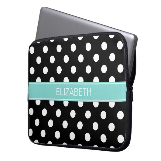 Schwarz-weiße Polka-Punkte #2 Türkisname Monogramm Laptopschutzhülle (Vorderseite Links)