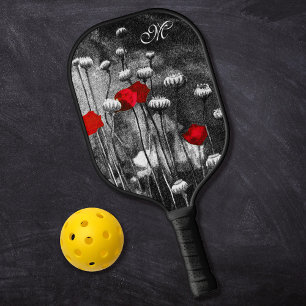 Schwarz-weiße Poppies Rote Blume Dark Floral Custo Pickleball Schläger
