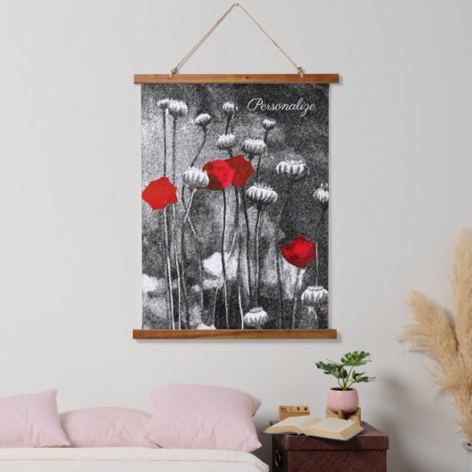 Schwarz-weiße Poppies Rote Blume Dunkle Blumenklas Wandteppich Mit Holzrahmen (Schlafzimmer)
