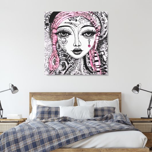 SCHWARZ-WEISSE PORTRAIT EDGY DETAILLIERTE LINIE ZE LEINWANDDRUCK (Insitu (Schlafzimmer))