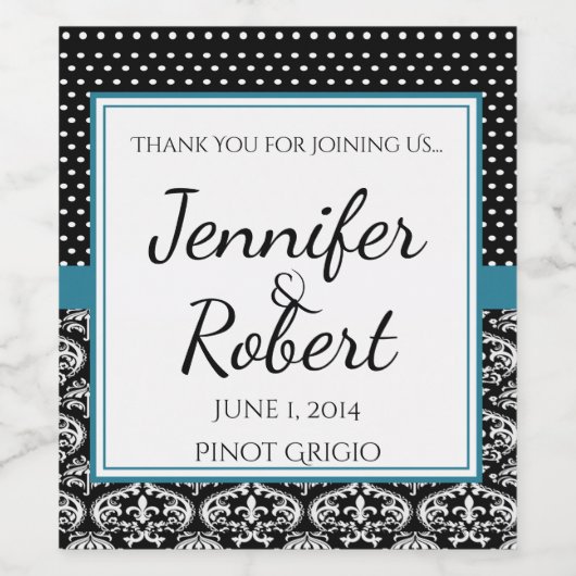 Schwarz-weiße Punkte und Damast Hochzeitsweinetike Weinetikett (Einzelnes Label)