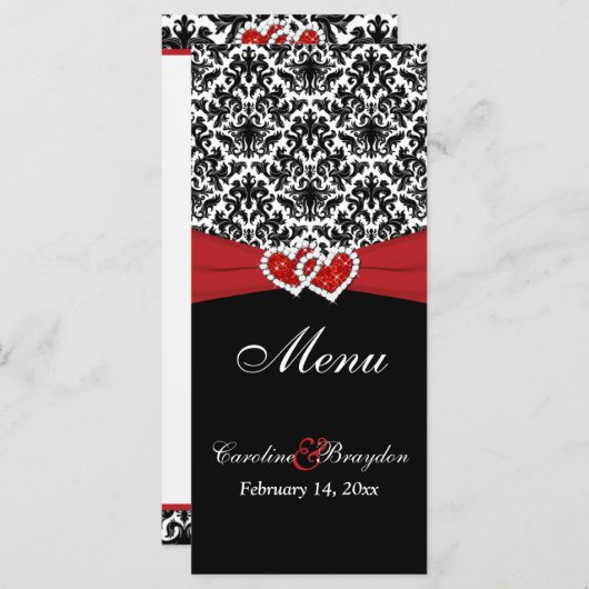 Schwarz-weiße Red Damask, Herz-Hochzeitmenü Menükarte (Vorne/Hinten)