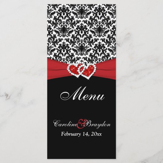 Schwarz-weiße Red Damask, Herz-Hochzeitmenü Menükarte (Vorderseite)
