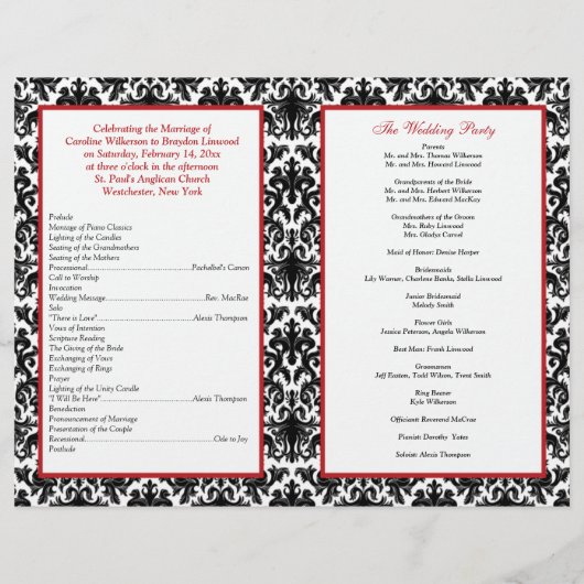 Schwarz-weiße Red Damask, Herz-Hochzeitsprogramm (Rückseite)