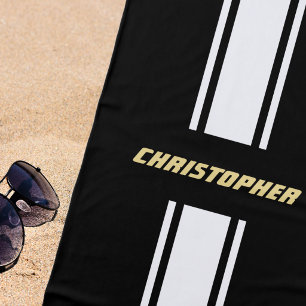 Schwarz Weiße Rennstreifen Gold Monogramm Pool Strandtuch