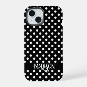 Schwarz-weiße Retro-Polka-Punkte elegante Schrift iPhone 15 Hülle