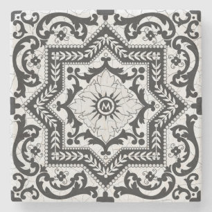 Schwarz-weiße, rissige Keramik im Azulejo-Stil Steinuntersetzer