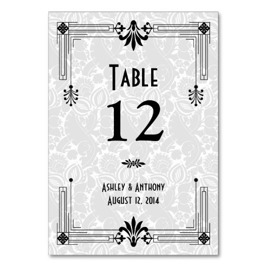 Schwarz-weiße Roaring 20er Art Déco Hochzeit Tischnummer (Rückseite)