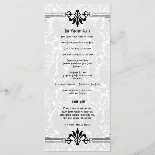 Schwarz-weiße Roaring 20er Jahre Art Déco Hochzeit Programm (Rückseite)